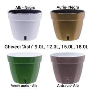 Ghiveci "Asti" 9.0L, 12.0L, 15.0L, 18.0L Auriu-Negru/Alb-Negru/Verde auriu-Alb/Antracit-Alb